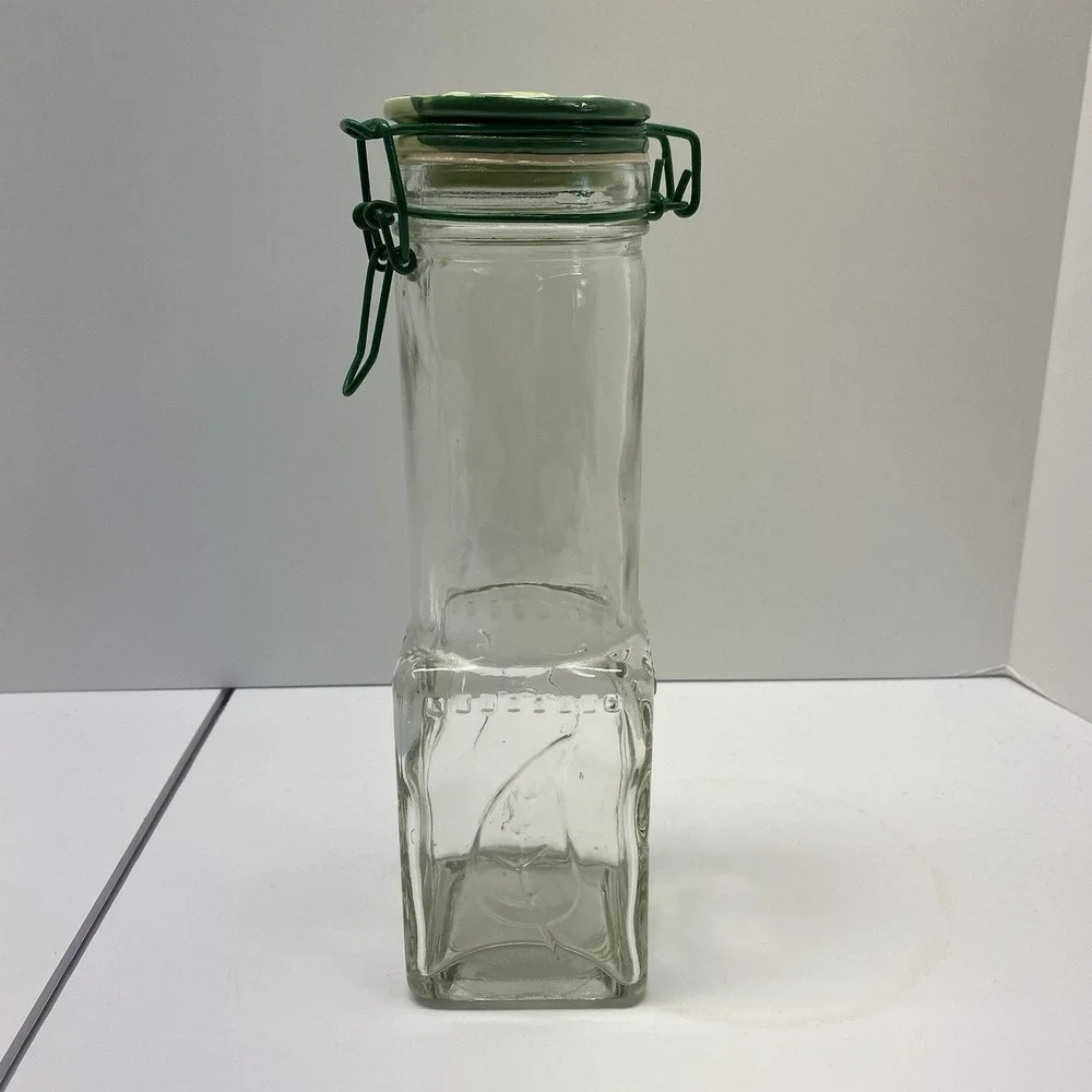 Vintage Glass Square & Round With Wire Bail @Clamp Bottle w/ Green‎ Leaf Cap